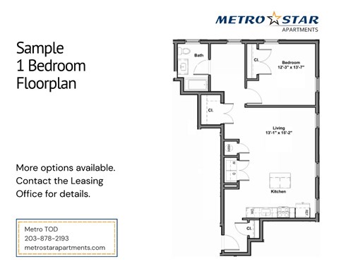 A floor plan for a one bedroom apartment is shown for Metro Star Apartments.